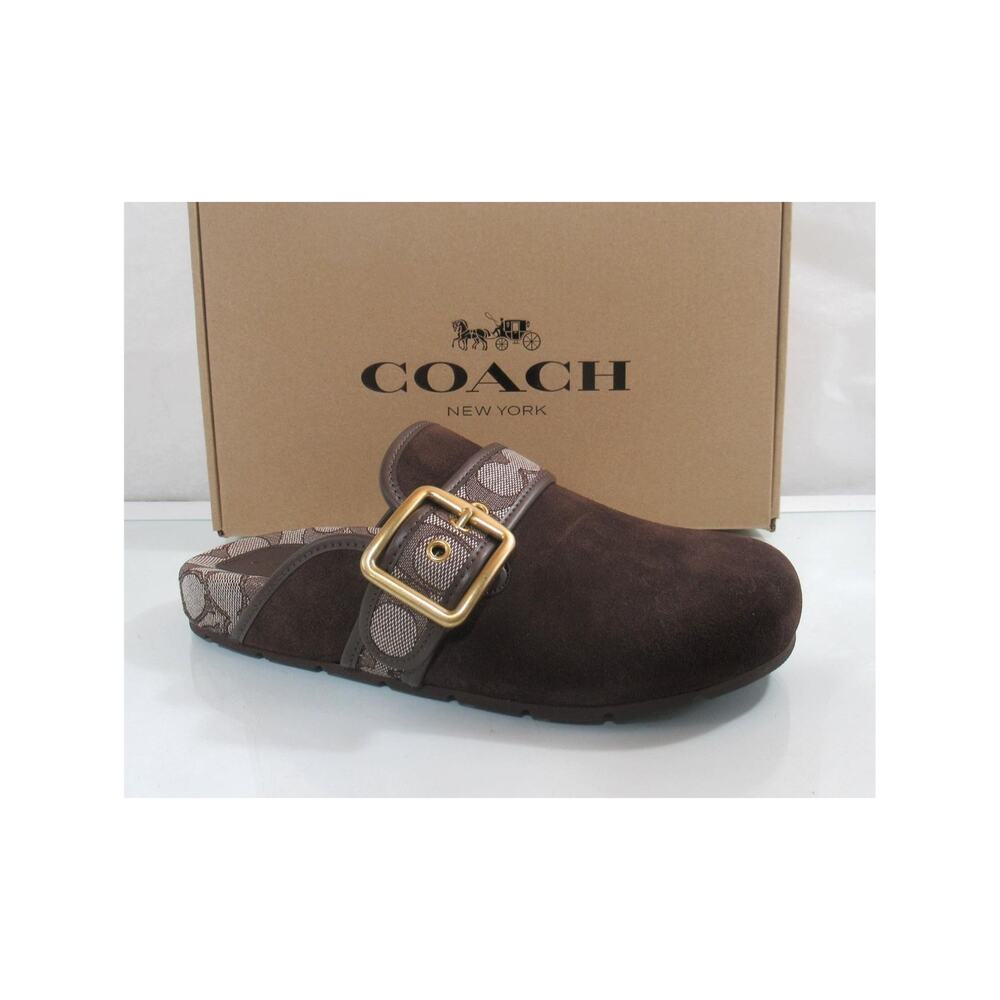 NEW Coach Archival Buckle Suede Clog Flat Mule Oak / Chocolate Size 7